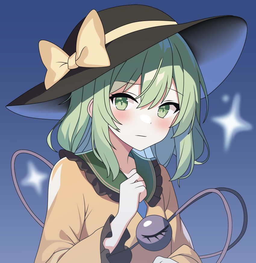 1girl, arina_stepanova, black_headwear, blush, bow, closed_mouth, commentary, green_eyes