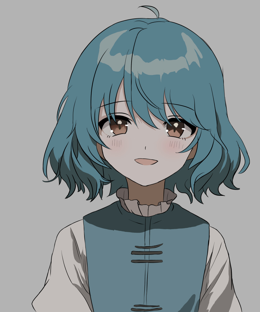 1girl, :d, absurdres, ahoge, arina_stepanova, blue_hair, commentary, english_commentary