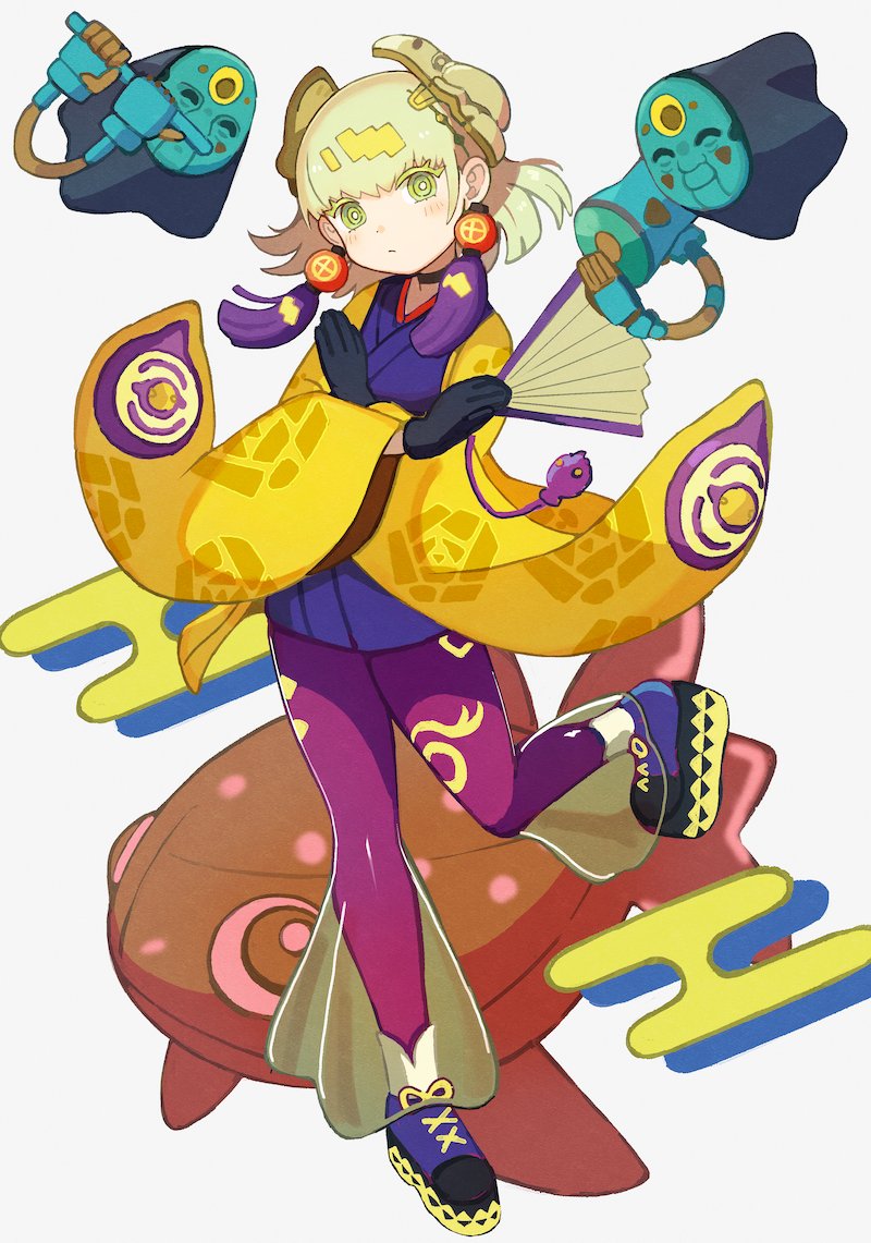 1girl, duel_monster, ear_ornament, fake_horns, gloves, green_eyes, hand_fan, holding
