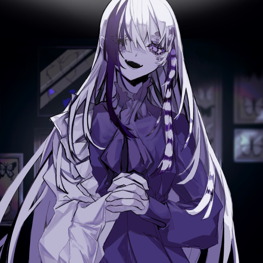 1girl, :d, absurdres, asymmetrical_clothes, asymmetrical_sleeves, black_hair, bug, butterfly