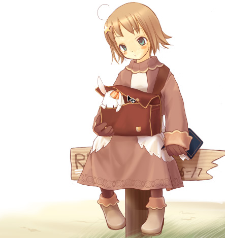 1girl, blue_eyes, blush, book, brown_bag, brown_footwear, brown_gloves, brown_hair, brown_jacket, brown_shirt, brown_socks, closed_mouth, commentary_request, cowlick, euca_(recita), expressionless, full_body, gloves, hair_ornament, holding, holding_book, jacket, long_sleeves, lowres, lunatic_(ragnarok_online), merchant_(ragnarok_online), rabbit, ragnarok_online, shirt, shoes, short_hair, sign, sitting, socks, star_(symbol), star_hair_ornament