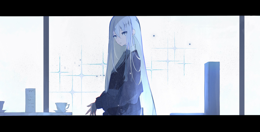 absurdres, blue_eyes, blue_hair, cafe, colored_eyelashes, hair_between_eyes, highres, indoors, kenran_000, letterboxed, light_blue_hair, long_hair, looking_at_viewer, official_alternate_costume, own_hands_together, project_sekai, sparkle, sweater, upper_body, very_long_hair, white_sky, yoisaki_kanade