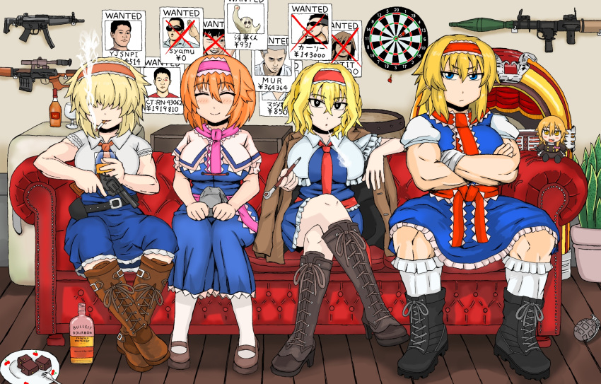 114514, 4girls, alcohol, alice_margatroid, barrel, black_eyes, black_footwear, blonde_hair