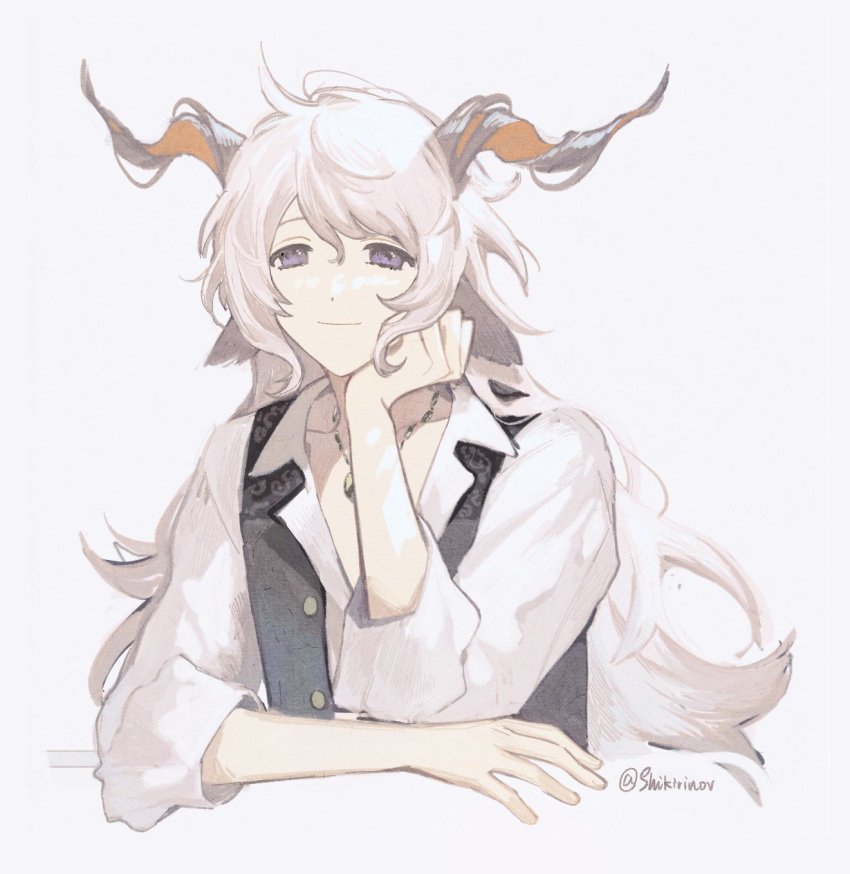 arknights, artist_name, bishounen, hand_on_own_chin, highres, horns, jewelry, kreide_(arknights)