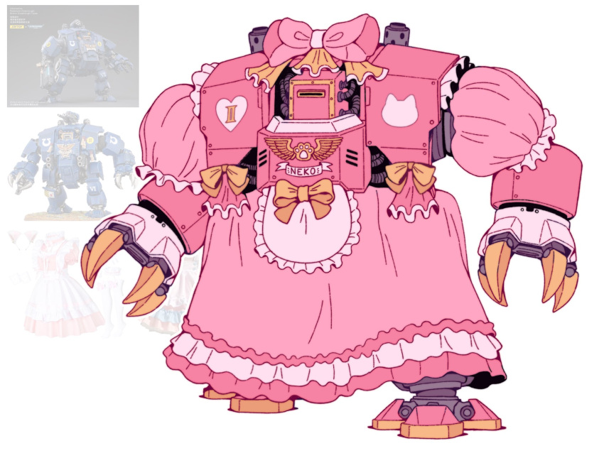 1boy, adeptus_astartes, apron, cat, chumiicham, claws, dreadnought_(warhammer_40k), dress