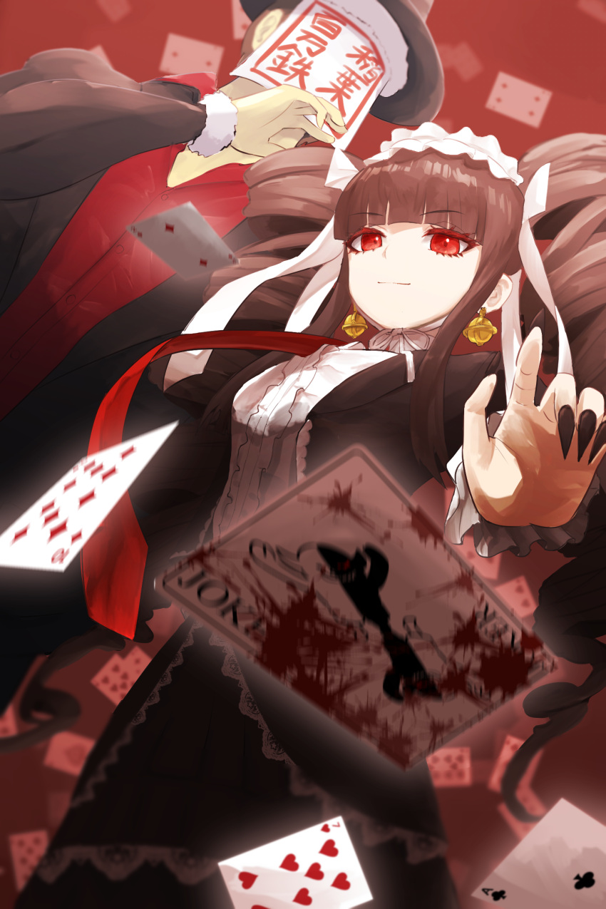 1boy, 1girl, black_hair, black_nails, blunt_bangs, brown_hair, card, celestia_ludenberg