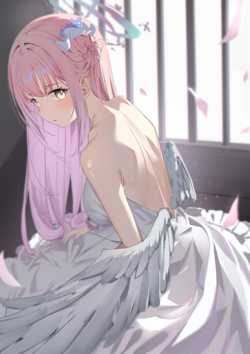 1girl, angel_wings, blue_archive, dress, halo, highres, long_hair, lookhow