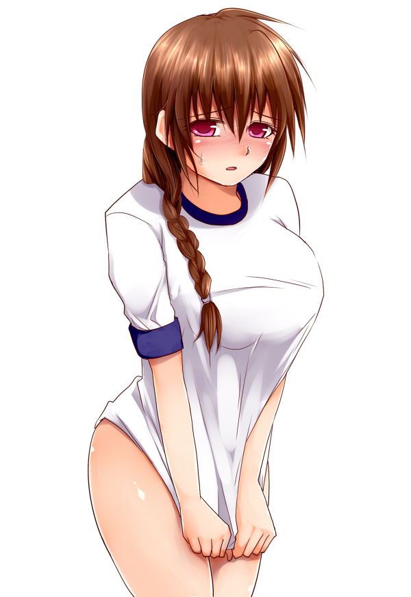 bottomless, braid, breasts, brown_hair, gym_uniform, kappamaru, large_breasts, open_mouth