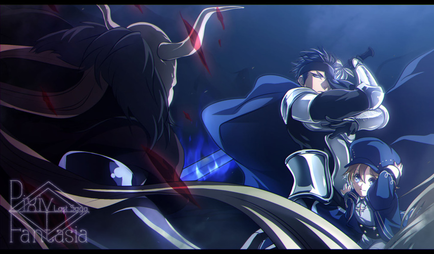 1other, 2boys, arm_up, armor, aureole_(pixiv_fantasia_last_saga), black_hair, blue_eyes, blue_fire
