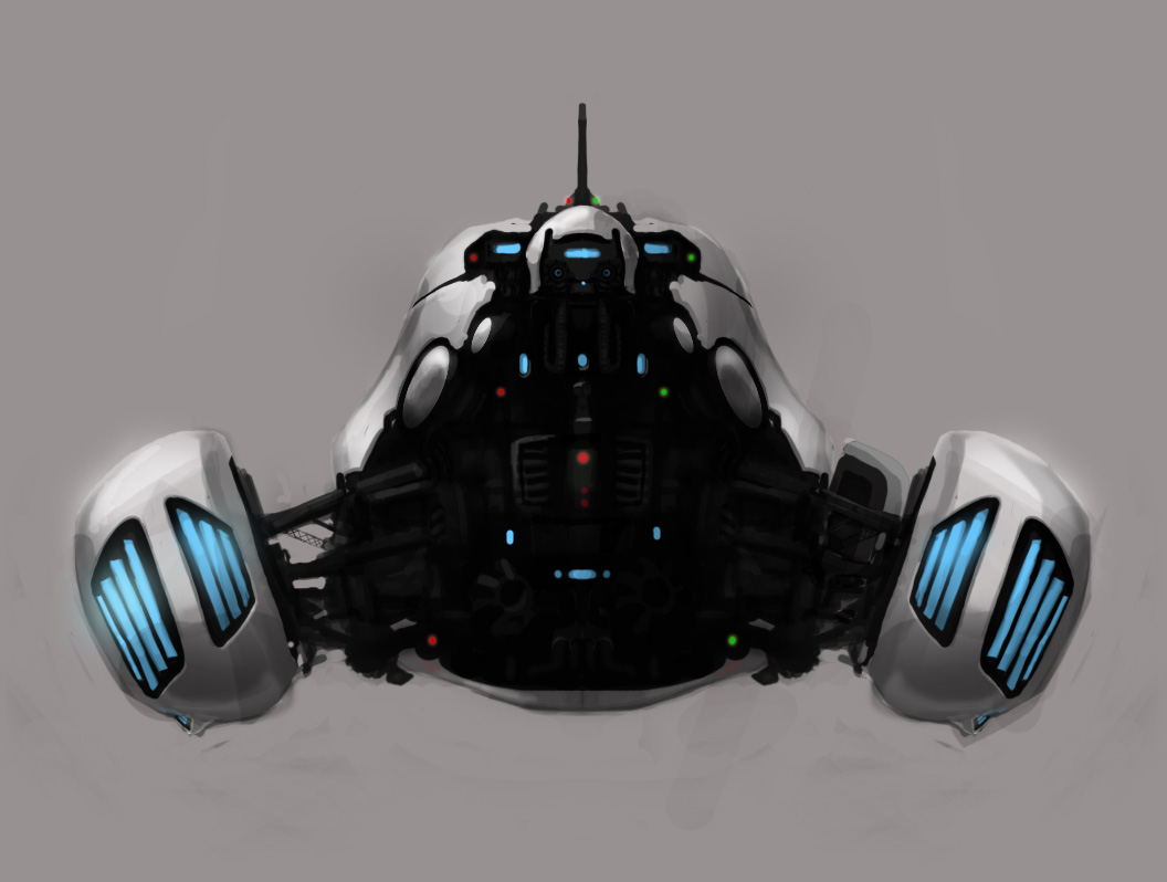 chavito34, commentary, concept_art, corvette_(eve_online), eve_online, from_behind, glowing, grey_background