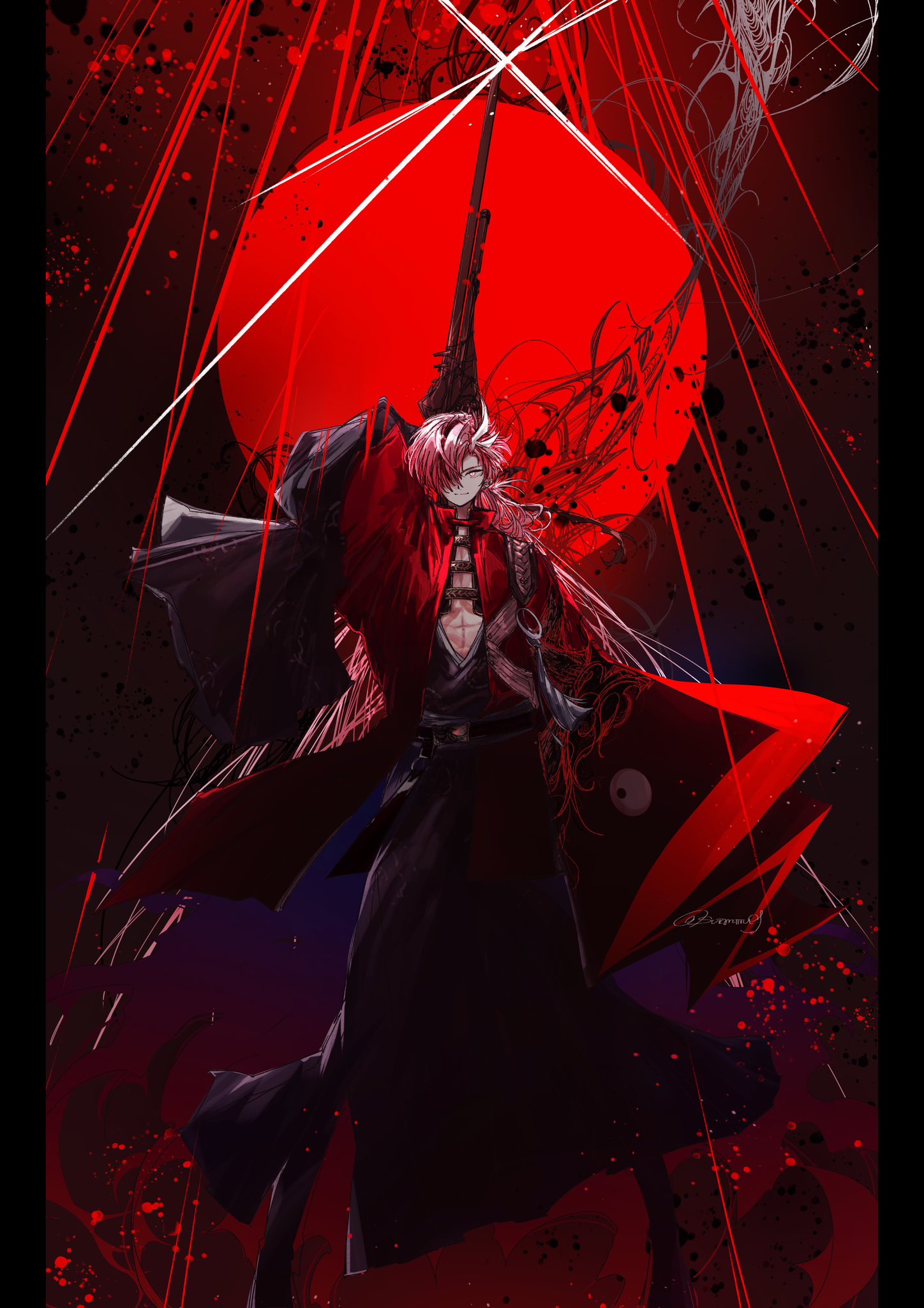 1boy, coat, fate/grand_order, fate_(series), hair_over_one_eye, highres, japanese_clothes, kimono, long_hair, male_focus, red_coat, red_eyes, redhead, suimiiin9, takasugi_shinsaku_(fate), twitter_username