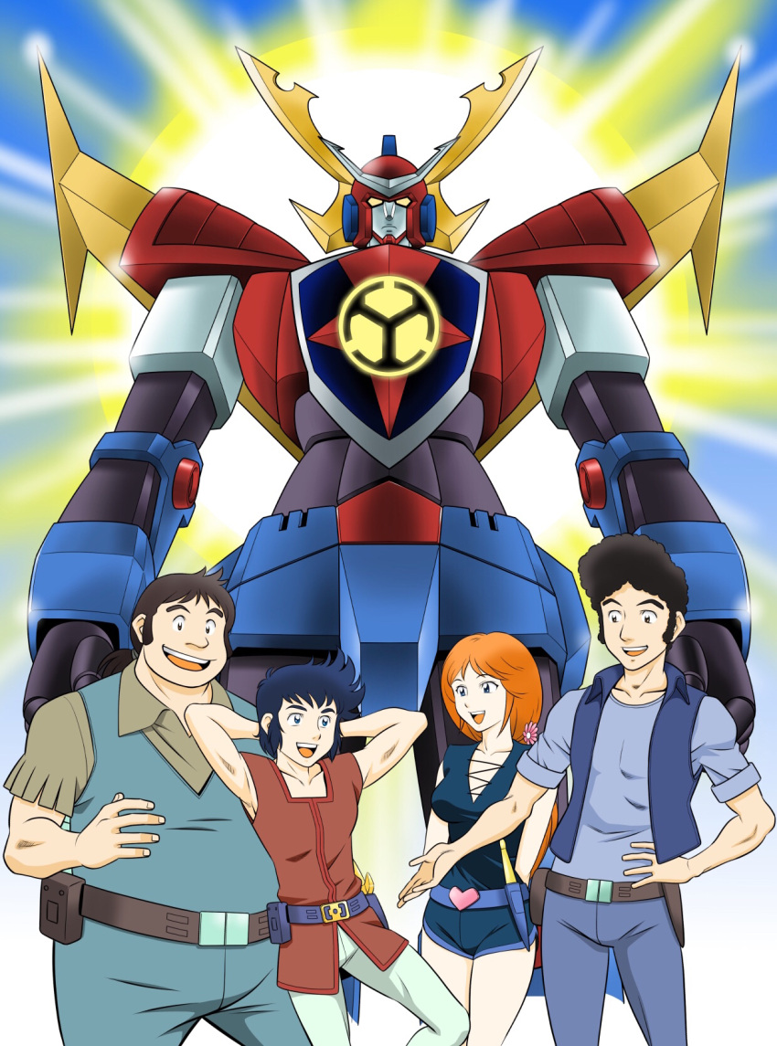 1girl, 3boys, aki_(pixiv_87336387), arms_behind_head, arms_up, baron_kakusu, belt, black_hair, daiooja, duke_sukedo, edward_mito, fat, hand_on_own_hip, highres, male_focus, mecha, multiple_boys, pouch, robot, saikyou_robo_daiooja, shinobu_(daiohja), short_sleeves, shorts, sideburns
