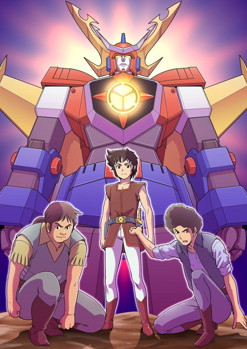 3boys, absurdres, belt, boots, brown_footwear, brown_hair, brown_shirt, daiooja, duke_sukedo, edward_mito, grey_pants, highres, kaneko_naoya, looking_at_viewer, male_focus, mecha, multiple_boys, pants, robot, saikyou_robo_daiooja, shirt, short_sleeves, sleeveless, squatting, standing, vest, white_pants