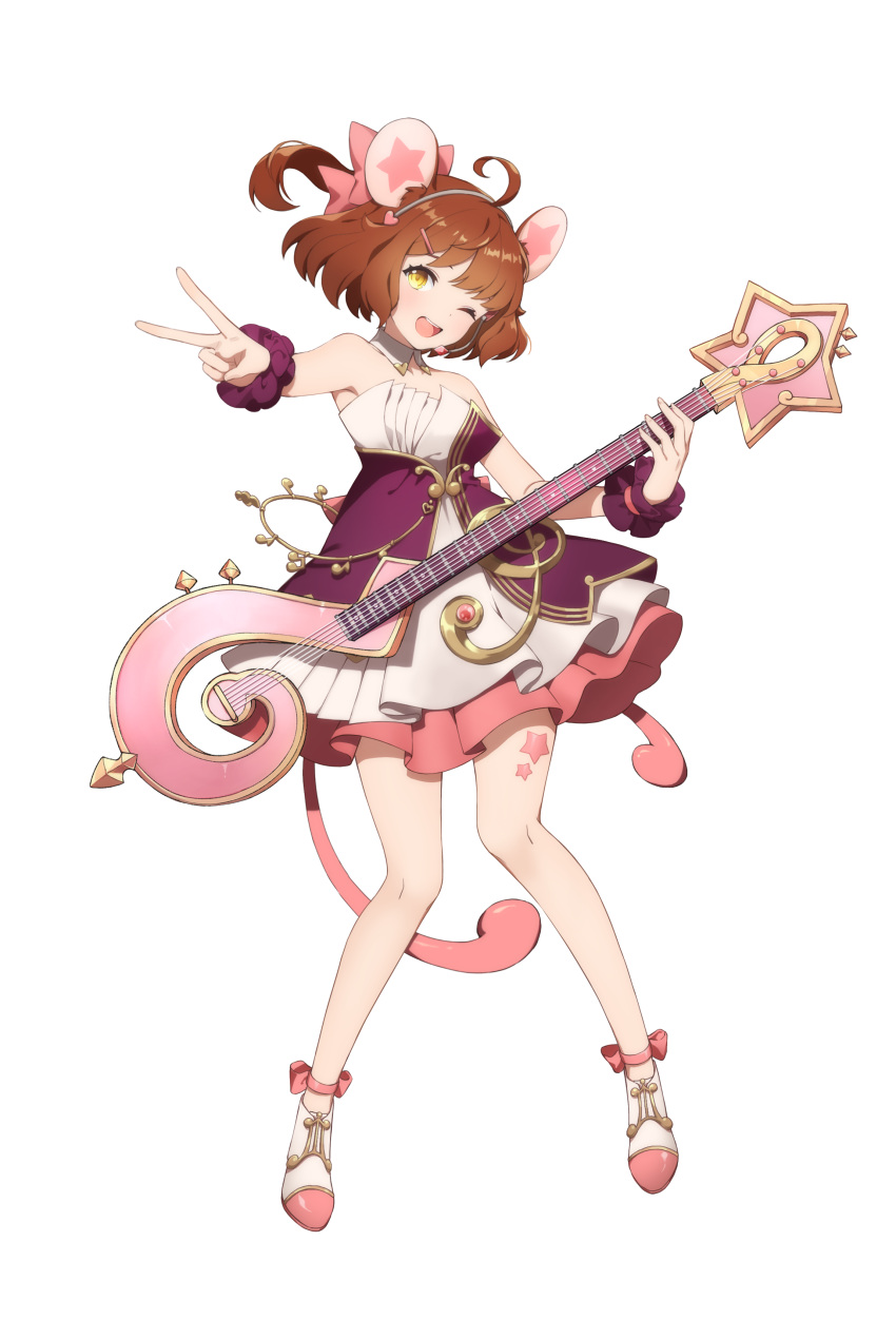 1girl, :d, absurdres, ahoge, animal_ears, ankle_bow, artist_request, bare_arms, bare_legs, bare_shoulders, bow, brown_hair, detached_collar, dress, eversoul, frilled_dress, frills, guitar, hair_bow, hair_ornament, hamster_ears, hamster_girl, headpiece, heart, highres, holding, holding_instrument, idol, idol_clothes, instrument, looking_at_viewer, mica_(eversoul), musical_note, off_shoulder, official_art, one_eye_closed, open_mouth, pink_bow, pink_dress, scrunchie, short_hair, smile, solo, standing, star_(symbol), star_sticker, tachi-e, transparent_background, v, white_dress, white_footwear, wrist_scrunchie, yellow_eyes