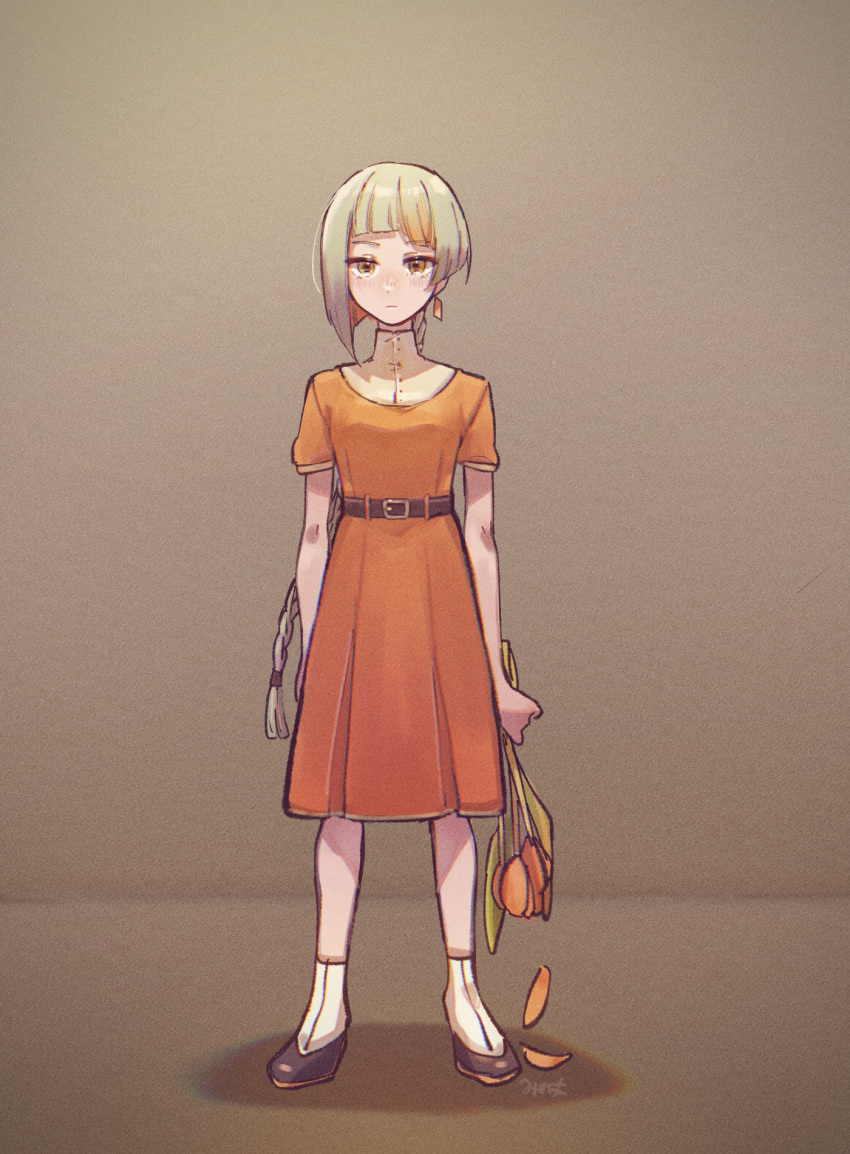 1girl, arms_at_sides, asymmetrical_sidelocks, belt, blunt_bangs, brown_background, cevio, chis-a