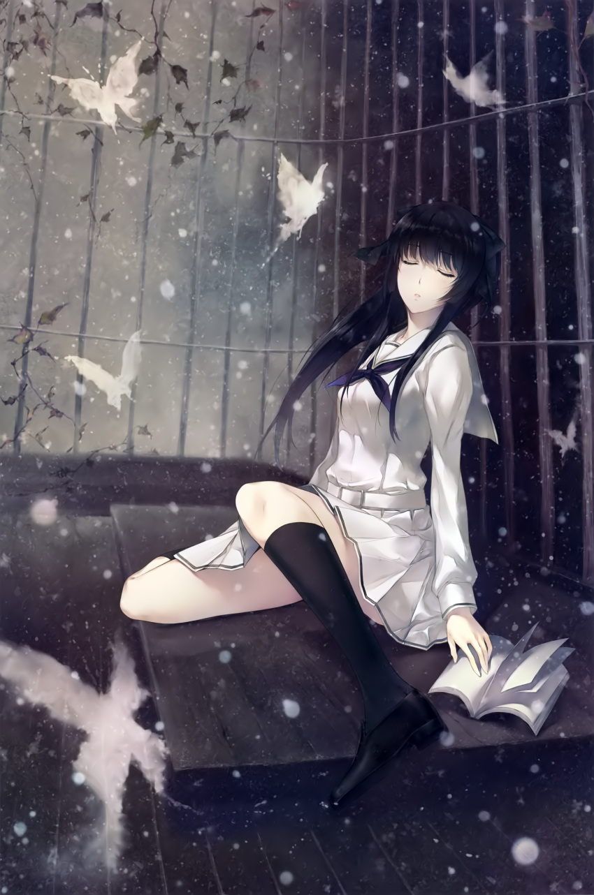1girl, absurdres, black_hair, book, bug, butterfly, cage, closed_eyes