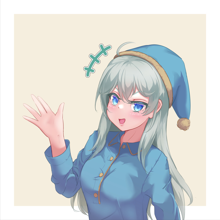 +++, 1girl, ahoge, arm_at_side, assault_lily, blue_eyes, blue_headwear, blue_pajamas