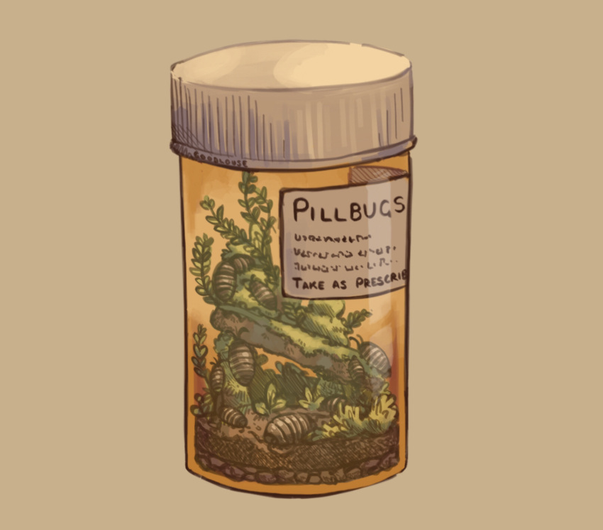 animal, animal_focus, artist_name, bug, commentary, dirt, english_commentary, english_text, everson_woodlouse, green_background, highres, isopod, jar, label, medicine, medicine_bottle, no_humans, original, pillbug, plant, simple_background