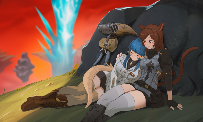 2girls, absurdres, animal_ears, aoshiseven, au_ra, avatar_(ff14), axe, bag, blue_hair, cat_ears, couple, crossed_legs, crystal, final_fantasy, final_fantasy_xiv, floating, floating_object, grass, hand_on_another's_shoulder, head_on_another's_shoulder, head_rest, highres, horns, jewelry, kalandria_karinael, lying_on_person, miqo'te, multiple_girls, pickaxe, red_eyes, ring, rock, sitting, sleeping, tail, thigh-highs, vivian_yorshka, wedding_ring