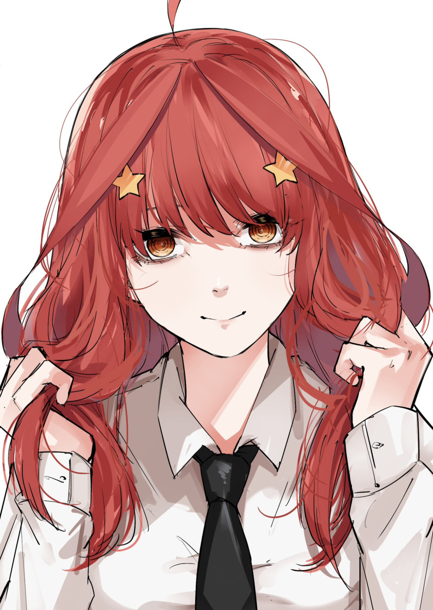 1girl, ahoge, alternate_hairstyle, black_necktie, chainsaw_man, closed_mouth, collared_shirt, commentary
