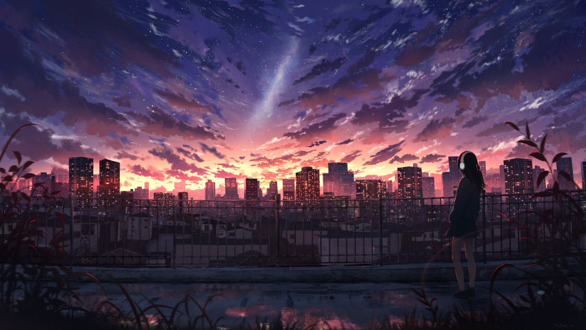 1girl, absurdres, artist_name, building, city, cityscape, clouds, commentary_request, dawn, facing_away, hands_in_pockets, headphones, highres, jacket, long_hair, milky_way, original, plant, railing, scenery, skirt, sky, skyscraper, solo, standing, star_(sky), starry_sky, yu_jing