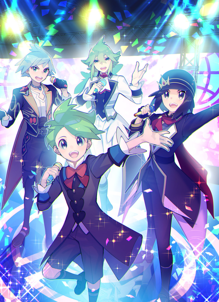 4boys, alternate_color, black_footwear, black_hair, black_headwear, blue_eyes, blue_hair, bow