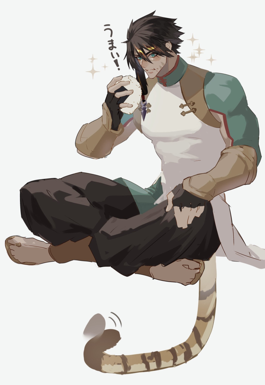 1boy, arm_cutout, black_hair, blonde_hair, blue_eyes, blush_stickers, chinese_clothes, crossed_legs