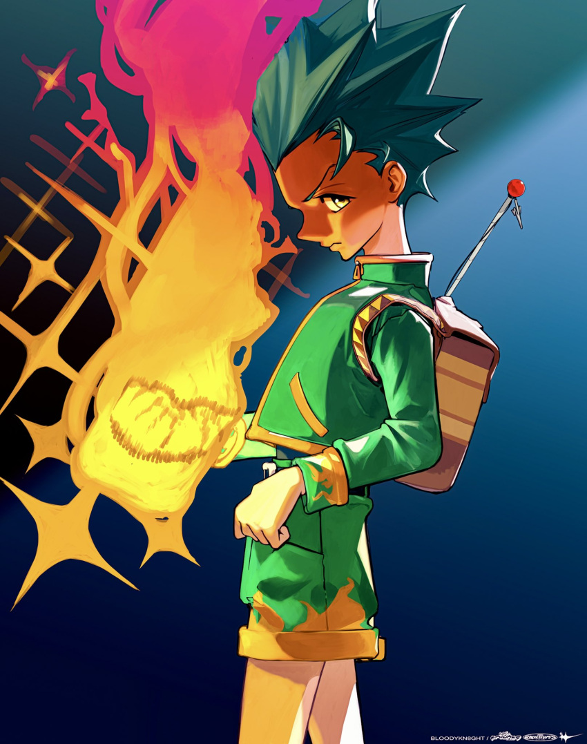 1boy, bloodykn8ght, blue_background, brown_eyes, fishing_rod, gon_freecss, green_hair, green_jacket, green_shorts, highres, holding, holding_fishing_rod, hunter_x_hunter, jacket, long_sleeves, looking_at_viewer, male_child, male_focus, nen_(hunter_x_hunter), profile, short_hair, shorts, signature, spiky_hair