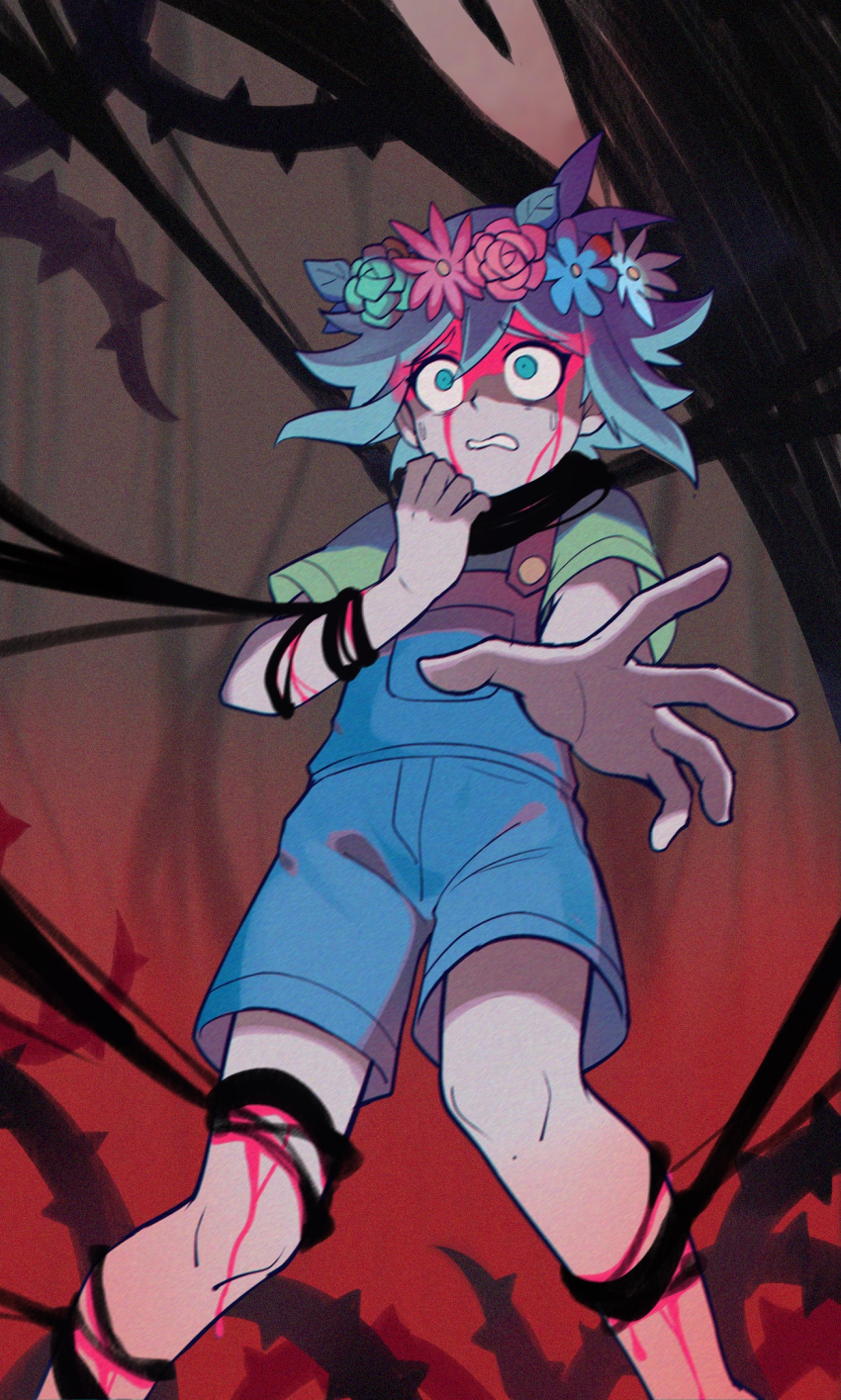 1boy, basil_(omori), blood, blood_on_face, blue_overalls, brick_st, colored_skin, constricted_pupils