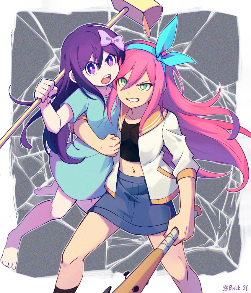 2girls, angry, aubrey_(omori), barefoot, baseball_bat, black_socks, blue_shirt, blue_skirt