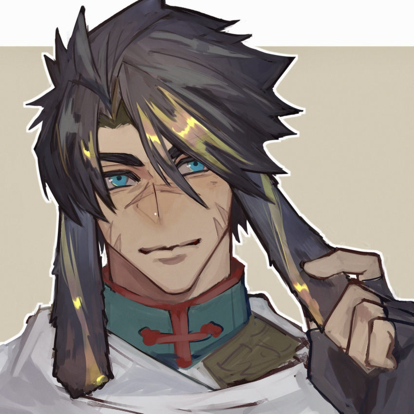 1boy, black_hair, blonde_hair, blue_eyes, chinese_clothes, dark-skinned_male, dark_skin, fate/grand_order