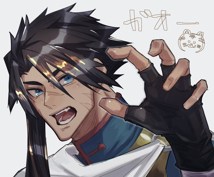 1boy, black_hair, blonde_hair, blue_eyes, chinese_clothes, claw_pose, dark-skinned_male, dark_skin
