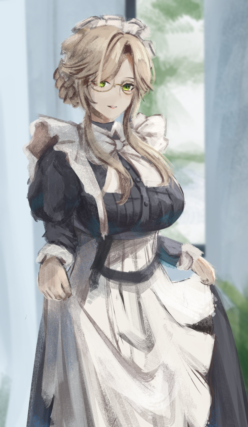 1girl, absurdres, ade_(nikke), apron, blonde_hair, bow, bowtie, braid