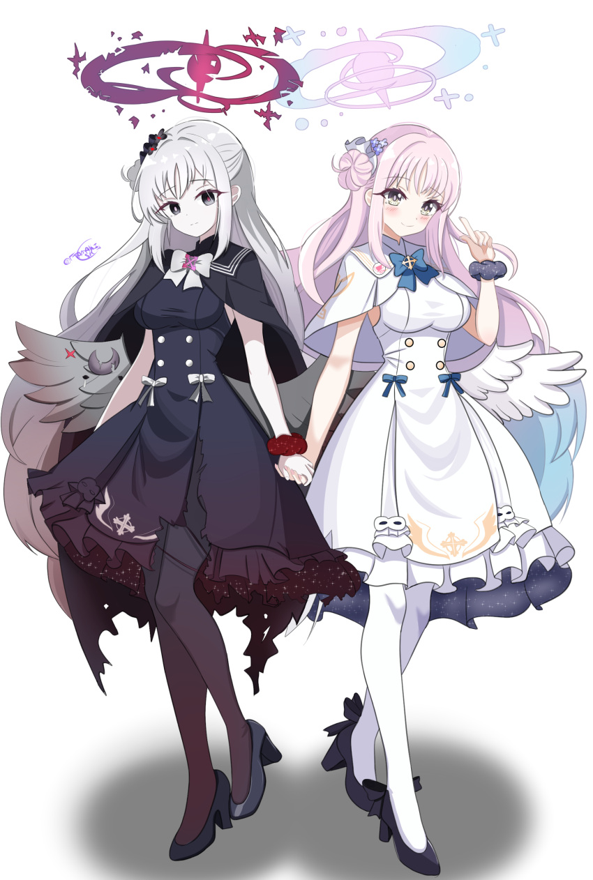 2girls, absurdres, alternate_color, alternate_eye_color, alternate_hair_color, black_capelet, black_dress, black_eyes, black_footwear, blue_archive, blunt_bangs, bow, capelet, commentary_request, dark_persona, dress, dual_persona, feathered_wings, full_body, grey_hair, grey_wings, hair_bun, hair_ornament, hair_scrunchie, halo, highres, holding_hands, index_finger_raised, long_hair, looking_at_viewer, mika_(blue_archive), mismatched_pupils, multiple_girls, one_side_up, pink_hair, school_uniform, scrunchie, shaded_face, sidelocks, simple_background, single_side_bun, standing, tamaki_(tamaki-sh), white_background, white_dress, wings, wrist_scrunchie, yellow_eyes