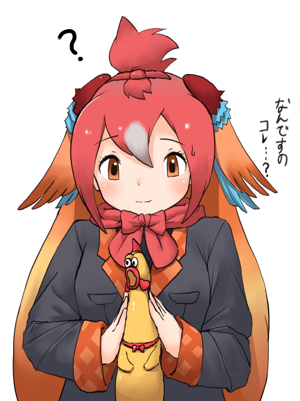 ?, bird_girl, bird_wings, black_jacket, blue_hair, blush, bow, bowtie