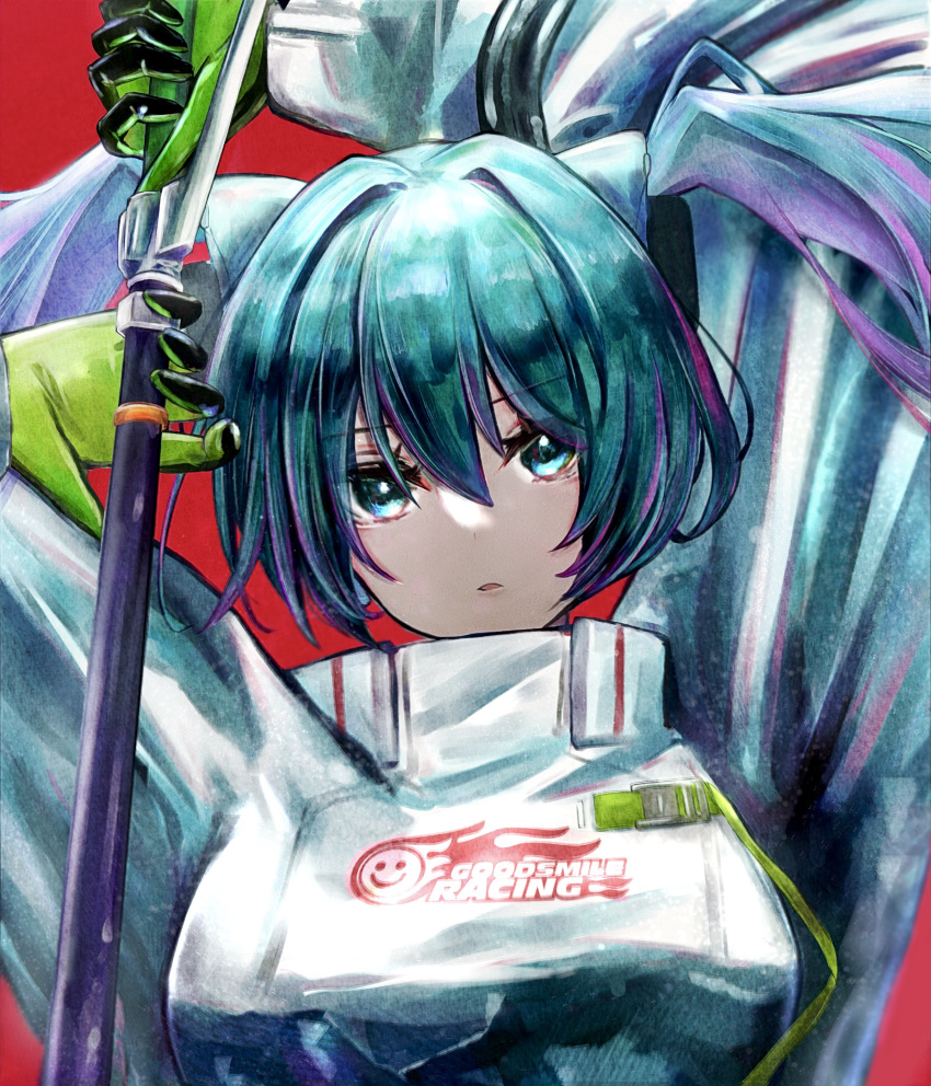 1girl, absurdres, aqua_eyes, aqua_hair, arms_up, black_gloves, breasts, commentary_request