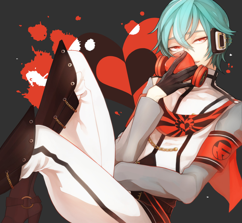 1boy, black_gloves, blood, blood_splatter, blue_eyes, blue_hair, boots, chain