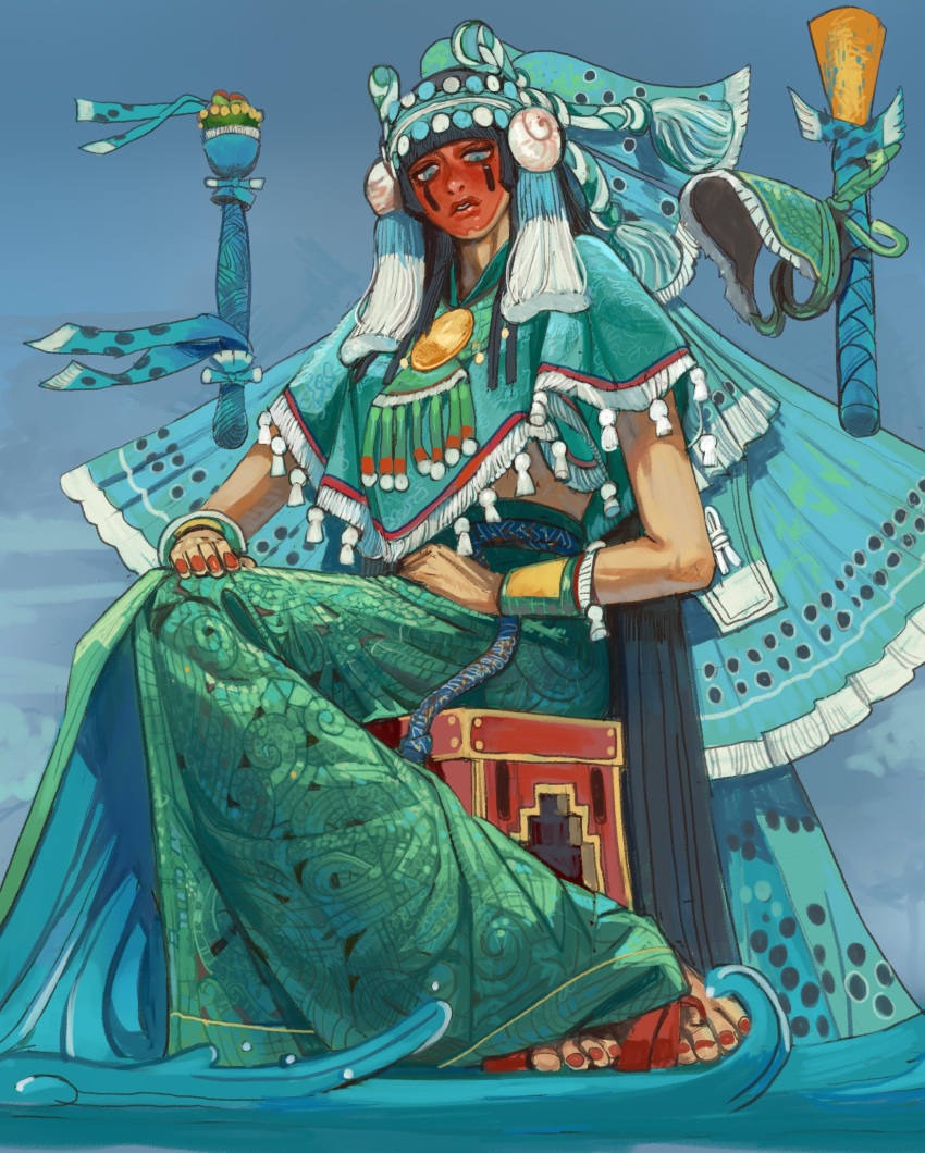 1girl, aqua_cloak, aztec, aztec_mythology, black_hair, blue_eyes, body_jewelry, breasts, chalchiuhtlicue, dress, earrings, facepaint, full_body, hair_ornament, highres, jewelry, long_hair, looking_at_viewer, mexico, mossacannibalis, sandals, sitting, skirt, solo