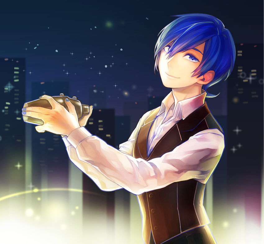 1boy, bartender, blue_eyes, blue_hair, blue_nails, cityscape, closed_mouth, hair_between_eyes