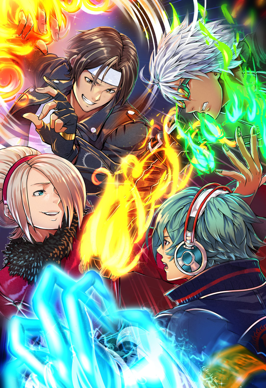 4boys, absurdres, androgynous, ash_crimson, belt, black_nails, blue_eyes, brown_eyes