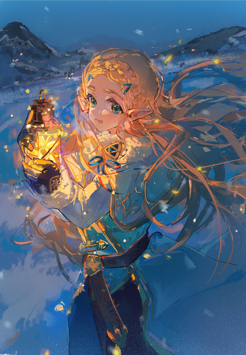 1girl, absurdres, blonde_hair, blue_eyes, blue_ribbon, braid, brown_gloves, capelet