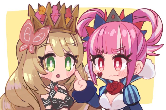 2girls, blonde_hair, blush, celine_(fire_emblem), chibi, crown, dress, fire_emblem, fire_emblem_engage, flower, green_eyes, hair_ornament, high_collar, hortensia_(fire_emblem), long_hair, multicolored_hair, multiple_girls, open_mouth, pink_hair, red_eyes, simple_background, sleeveless, tamatamariso85