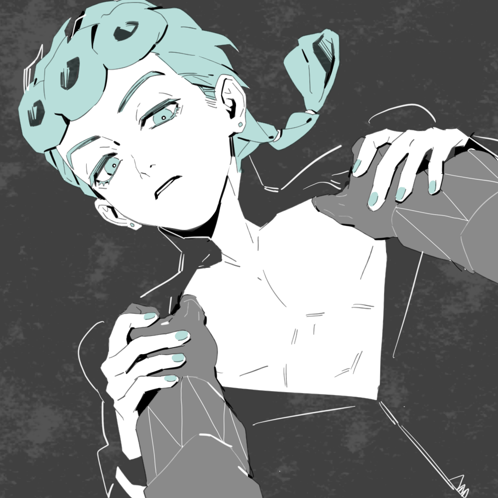 1boy, blue_eyes, blue_hair, blue_nails, braid, collar_grab, flat_color, giorno_giovanna