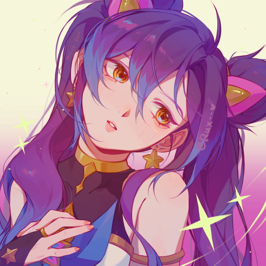 1girl, absurdres, artist_name, bare_shoulders, blush, double_bun, earrings, gradient_background