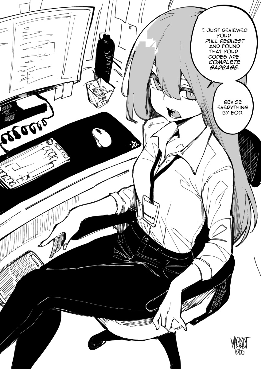 1girl, absurdres, collared_shirt, computer, english_commentary, english_text, greyscale, hair_between_eyes