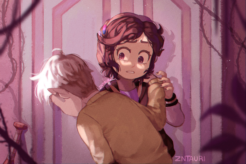 1boy, 1girl, ahoge, artist_name, beanie, blonde_hair, brown_hair, dark-skinned_female