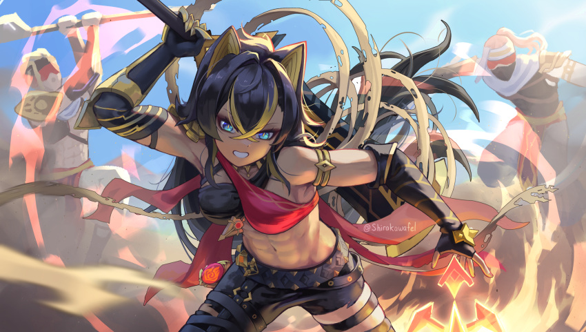 1girl, 2boys, abs, armlet, armpits, asymmetrical_pants, battle, belt, bent_over, black_gloves, black_hair, black_pants, blindfold, blue_eyes, blue_sky, claymore_(sword), clouds, cloudy_sky, colored_inner_hair, commentary_request, dehya_(genshin_impact), dessert, elbow_gloves, eremite_daythunder_(genshin_impact), eremite_sunfrost_(genshin_impact), fighting_stance, fingerless_gloves, food, genshin_impact, gloves, greatsword, hair_between_eyes, highres, holding, holding_polearm, holding_sword, holding_weapon, long_hair, looking_at_another, looking_away, mask, mouth_mask, multicolored_hair, multiple_boys, navel, pants, polearm, shirakawafel, sidelocks, sky, sleeveless, stomach, sword, two-tone_hair, vision_(genshin_impact), weapon