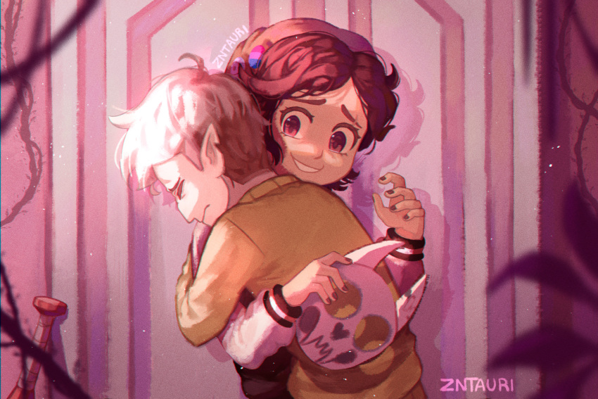 1boy, 1girl, artist_name, beanie, blonde_hair, brown_hair, closed_eyes, dark-skinned_female, dark_skin, hat, highres, holding, holding_mask, hug, hunter_(the_owl_house), jacket, long_sleeves, luz_noceda, mask, nail_polish, the_owl_house, zntauri