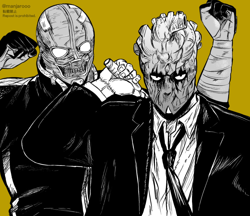 1boy, 1girl, bandages, cheering, dorohedoro, drawing_sword, dress_shirt, formal, heart_(organ), highres, holding, holding_sword, holding_weapon, looking_at_viewer, loose_necktie, manjarooo, mask, monochrome, necktie, noi_(dorohedoro), shin_(dorohedoro), shirt, suit, sword, weapon
