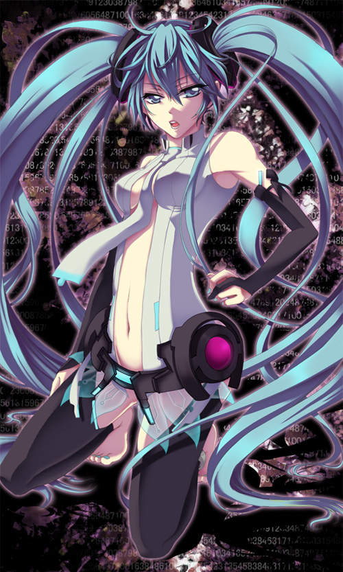 anklet, aqua_eyes, aqua_hair, barefoot, belt, bridal_gauntlets, elbow_gloves, fingerless_gloves